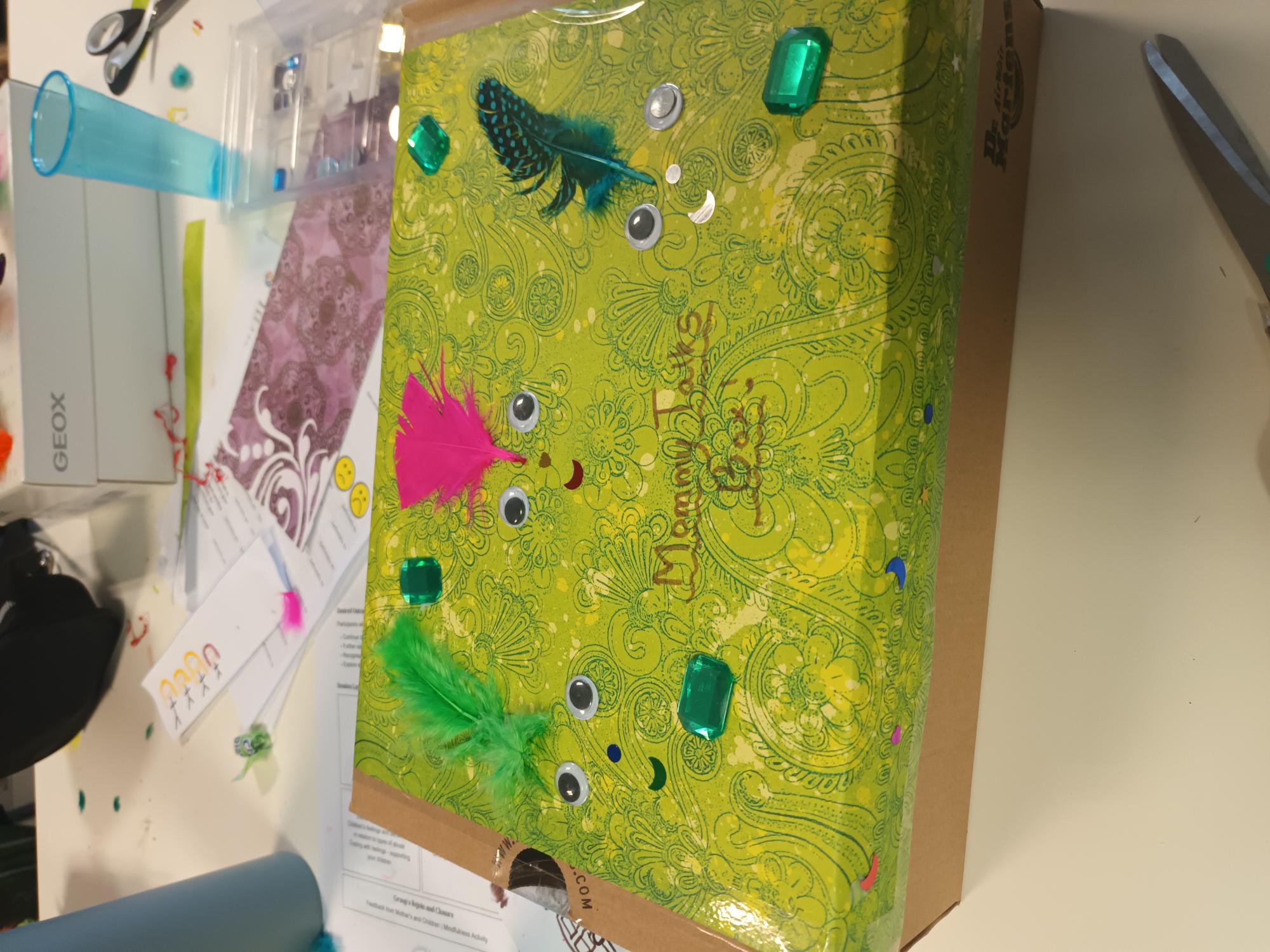 A "mommy talks" box made by a child supported by BCWA. Sometimes children find it hard to tell their mum how they’re feeling because they worry it might upset her. BCWA workers help children write down their thoughts, feelings, or questions and place them in these special boxes. The child can then give the box to their mum, helping them start gentle, supportive conversations together.